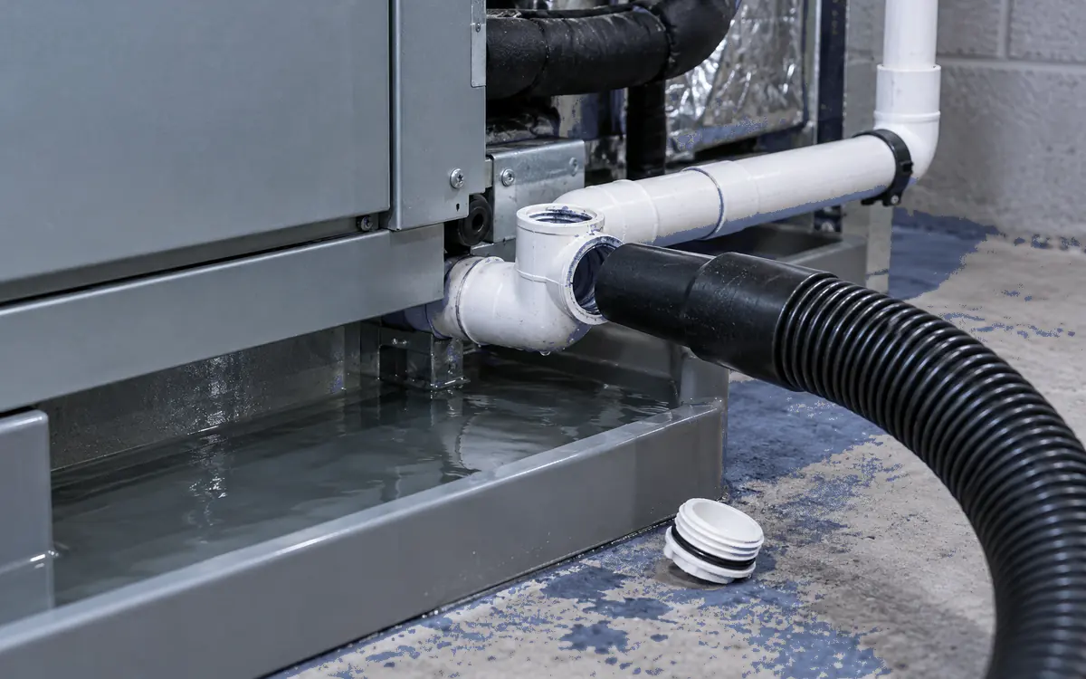 Clogged condensate drain being diagnosed on a residential HVAC system